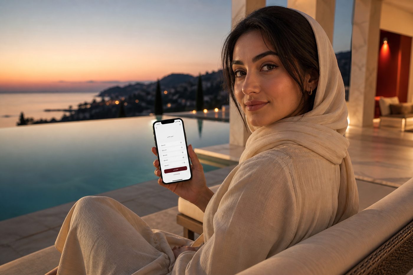 زن جوان کنار استخر در حال مشاهده صفحه ثبتنام روی گوشی